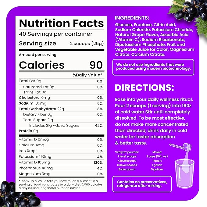Vitalyte Electrolyte Powder Drink Mix, Isotonic Electrolyte Hydration Mix, Gluten Free Post Workout Powder Mix, Pack of 1, 35 oz., Grape Flavor