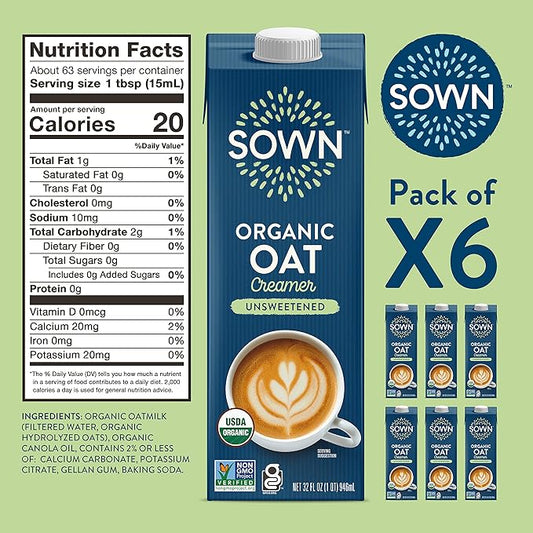 SOWN Organic Oat Creamer Unsweetened - Barista Oat Milk Non Dairy Coffee Creamer - Plant Based, Dairy-Free, Vegan, 0g Added Sugar, Gluten-Free, Non-GMO, Shelf Stable - 32oz (Pack of 6)