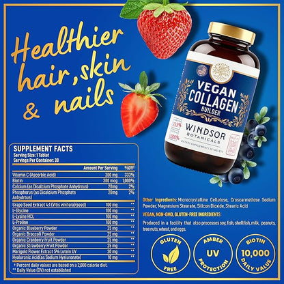 Vegan Collagen for Women and Men - Organic Superfood, Amino Acids Glycine, Lysine, Proline for Healthy Skin, Hair, Nails - Plant-Based Collagen Booster Supplements - 60 Gluten-Free Vegetarian Pills