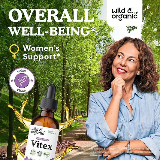 Wild & Organic Vitex Tincture - Vitex Chasteberry Supplement for Women - Liquid Chaste Tree Supplement for Mood Support - Vegan, Sugar & Alcohol-Free Berry Extract Drops - 2 fl oz