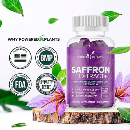 Saffron Extract Gummies with Passionflower & Vitamin D2 - Saffron Supplements for Mood Support, Digestion, & Energy 60 Servings