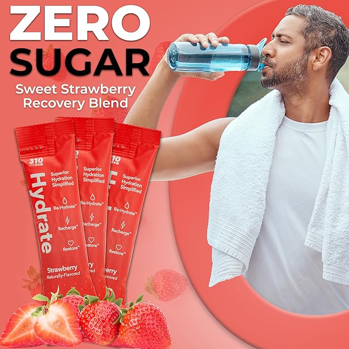 310 Hydrate Electrolytes Powder Packets - No Sugar Hydration Packets with Key Vitamins & Minerals - Keto Friendly - Tasty Sugar Free Electrolyte Drink - 15 Single Servings, Strawberry Flavor
