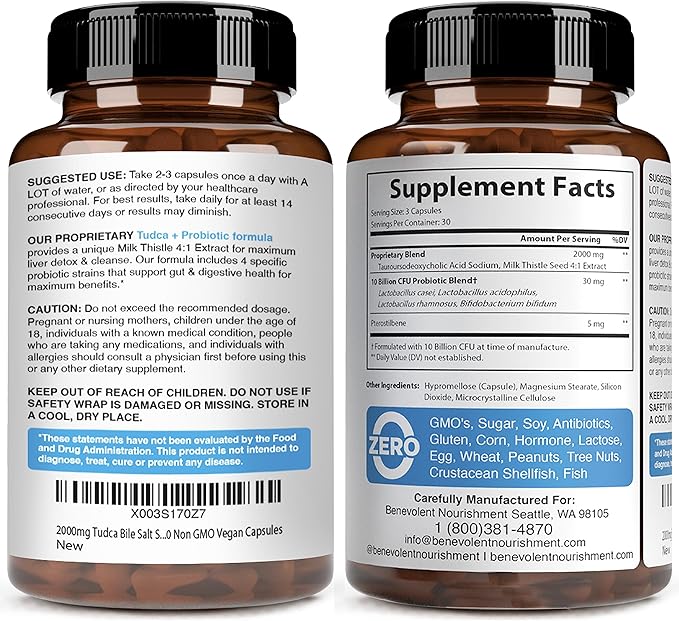 2000mg TUDCA Bile Salts Supplement Complex | Supports Liver Detox & Cleanse, Gallbladder, Gut & Kidney Health | 4:1 Milk Thistle + Probiotics for Max Absorption| USA Made | 90 Non-GMO V Capsules