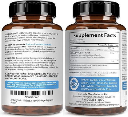 2000mg TUDCA Bile Salts Supplement Complex | Supports Liver Detox & Cleanse, Gallbladder, Gut & Kidney Health | 4:1 Milk Thistle + Probiotics for Max Absorption| USA Made | 90 Non-GMO V Capsules