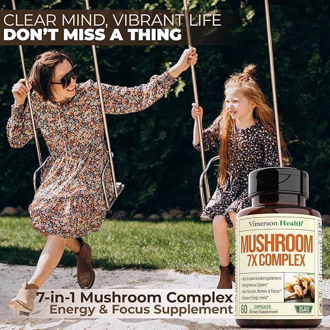 7-in-1 Mushroom Powder Supplement - Organic Lions Mane Powder, Reishi Mushroom, Cordyceps, Chaga. Mushroom Complex Capsules for Memory, Focus, Immune Support & Energy. 60 Turkey Tail Mushroom Capsules