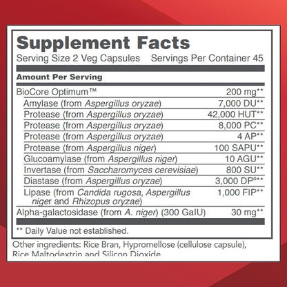 Protocol BioCore Enhanced Enzymes - Helps Digest Beans & Cruciferous Vegetables* - Digestion Supplement* - Amylase & Lipase - Kosher & Vegan - 90 Veg Capsules