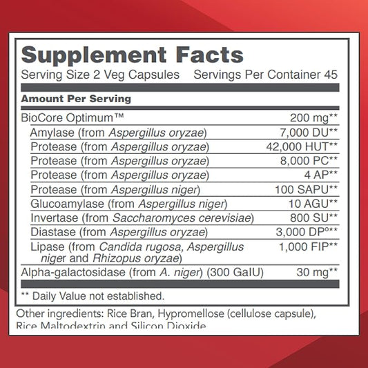 Protocol BioCore Enhanced Enzymes - Helps Digest Beans & Cruciferous Vegetables* - Digestion Supplement* - Amylase & Lipase - Kosher & Vegan - 90 Veg Capsules
