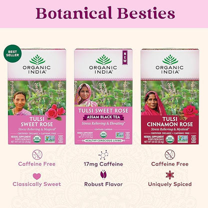 Organic India Tulsi Sweet Rose Assam Black Tea - Stress Relieving & Elevating, 17mg of Caffeine Per Cup, With Ayurvedic Herbs, Vegan, USDA Organic, Non-GMO - 18 Rose Tea Bags (Pack of 3)