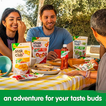 Snak Club Tajin Gummy Candy Fruit Rings, Gummies with Chili and Lime Seasoning, Mild Spice, Gluten-Free and Vegan Snacks, Assorted Variety, Mango, Pineapple, Peach, Watermelon, Snack Size 12 Pack
