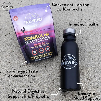 TruWild Natural Kombucha Powder Probiotic Supplement Vegan Drink Mix – Gut Health Digestive Enzymes w/Live Cultures + Apple Cider Vinegar & Prebiotics – 20 Servings