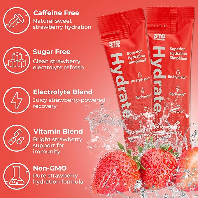 310 Hydrate Electrolytes Powder Packets - No Sugar Hydration Packets with Key Vitamins & Minerals - Keto Friendly - Tasty Sugar Free Electrolyte Drink - 15 Single Servings, Strawberry Flavor