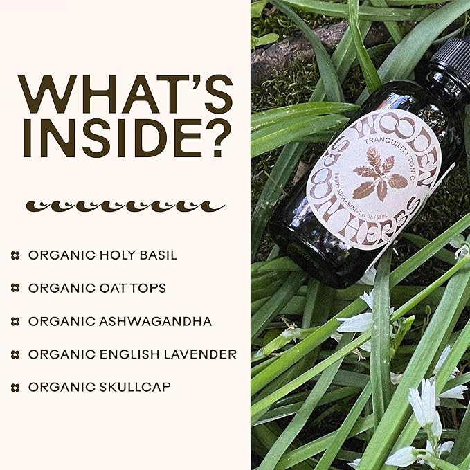 Wooden Spoon Herbs Tranquility Tonic | Organic Stress Relief & Sleep Aid Tincture | Unique Herbal Blend of Skullcap, Ashwagandha, Oat Tops, Holy Basil, Lavender | 2oz, 32 Servings