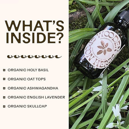Wooden Spoon Herbs Tranquility Tonic | Organic Stress Relief & Sleep Aid Tincture | Unique Herbal Blend of Skullcap, Ashwagandha, Oat Tops, Holy Basil, Lavender | 2oz, 32 Servings