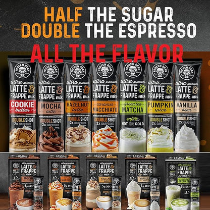 The Frozen Bean - Mocha Frappe & Latte Instant Mix with Arabica Coffee, Double Caffiene, Low Sugar - for Hot, Iced, or Frappuccino-Style Blended Drinks - (20) 0.53oz Single Serve
