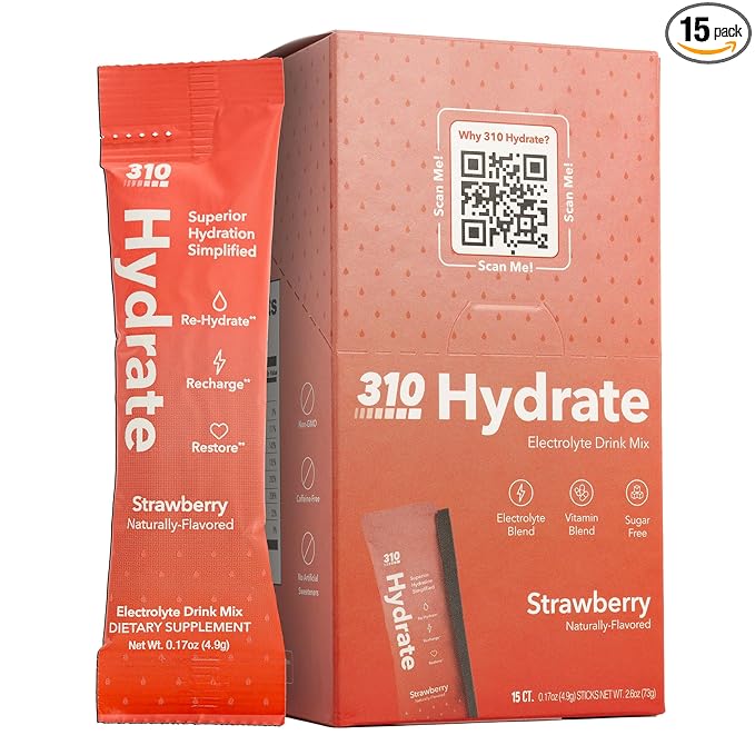 310 Hydrate Electrolytes Powder Packets - No Sugar Hydration Packets with Key Vitamins & Minerals - Keto Friendly - Tasty Sugar Free Electrolyte Drink - 15 Single Servings, Strawberry Flavor