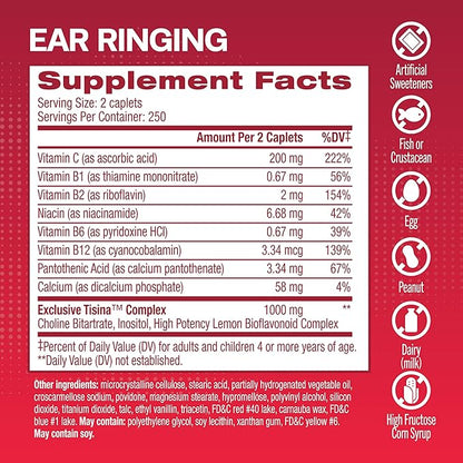 Lipo-Flavonoid Plus Tinnitus Relief - Doctor-Recommended for Ringing Ears - Clinically-Proven Lemon Bioflavonoid Complex with Vitamins C, B1, B2, B6, B12, & Calcium - 500 Caplets