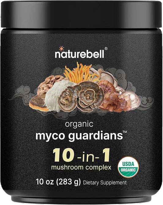 NatureBell Organic Mushroom Powder, 10oz | 10-in-1 Adaptogenic Blend with Lion’s Mane, Reishi, Shiitake, Chaga & More | Supports Energy, Focus & Immune Health | Great for Coffee, Smoothies & Recipes