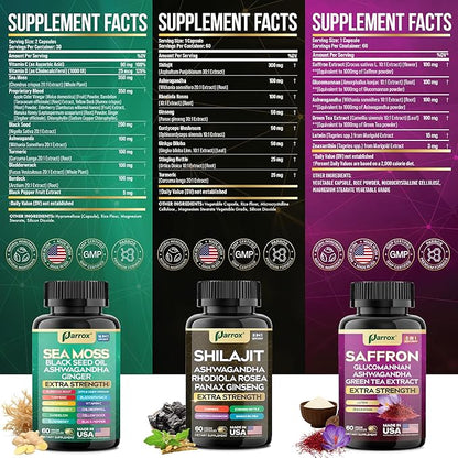 Vision Vitality Trio - Sea Moss, Black Seed Oil, Ashwagandha, Burdock Root, Saffron, Lutein, Zeaxanthin, Glucomannan, Green Tea Extract, Panax Ginseng, Ginkgo Biloba, Rhodiola Rosea, Turmeric