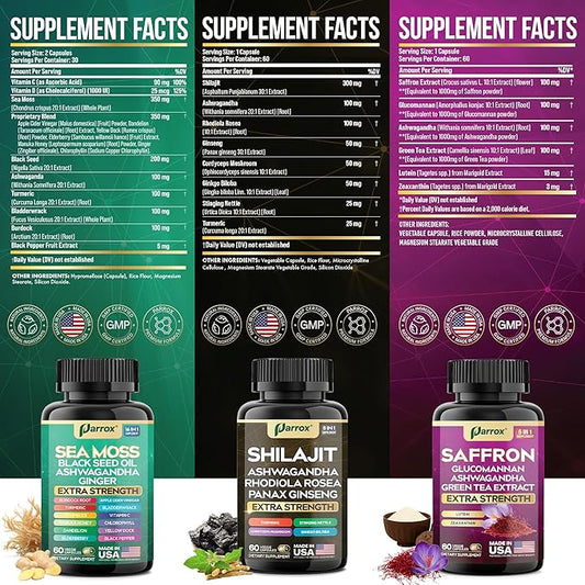 Vision Vitality Trio - Sea Moss, Black Seed Oil, Ashwagandha, Burdock Root, Saffron, Lutein, Zeaxanthin, Glucomannan, Green Tea Extract, Panax Ginseng, Ginkgo Biloba, Rhodiola Rosea, Turmeric