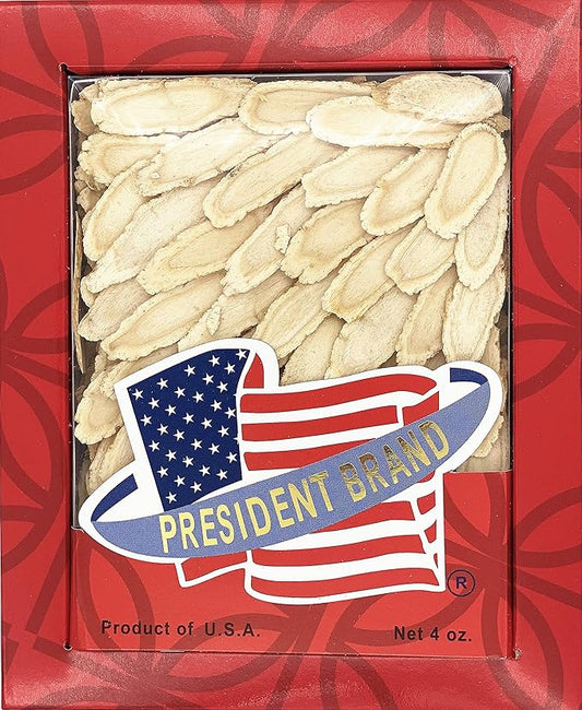 American Ginseng SKU 0168PB-M4 |Wisconsin Ginseng Root |Culticate Ginseng Root|总统牌美国花旗参|總統牌美國花旗參|Nhân Sâm Mỹ |미국인삼|Medium Slice |4oz Box, 中参片(Medium)