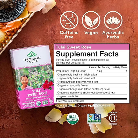 Organic India Tulsi Sweet Rose Herbal Tea - Stress Relieving & Magical, Immune Support, Adaptogen, Vegan, Gluten-Free, USDA Certified Organic, Non-GMO, Caffeine-Free - 18 Infusion Bags, 6 Pack